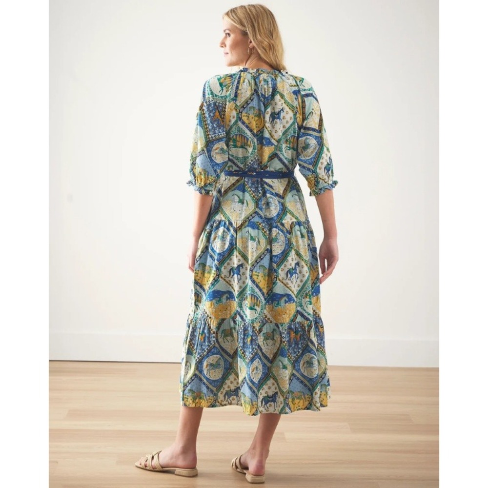 Printfresh High Horse Devon Dress in Blue Multi Organic Cotton Midi Medium NWT - Picture 2 of 12